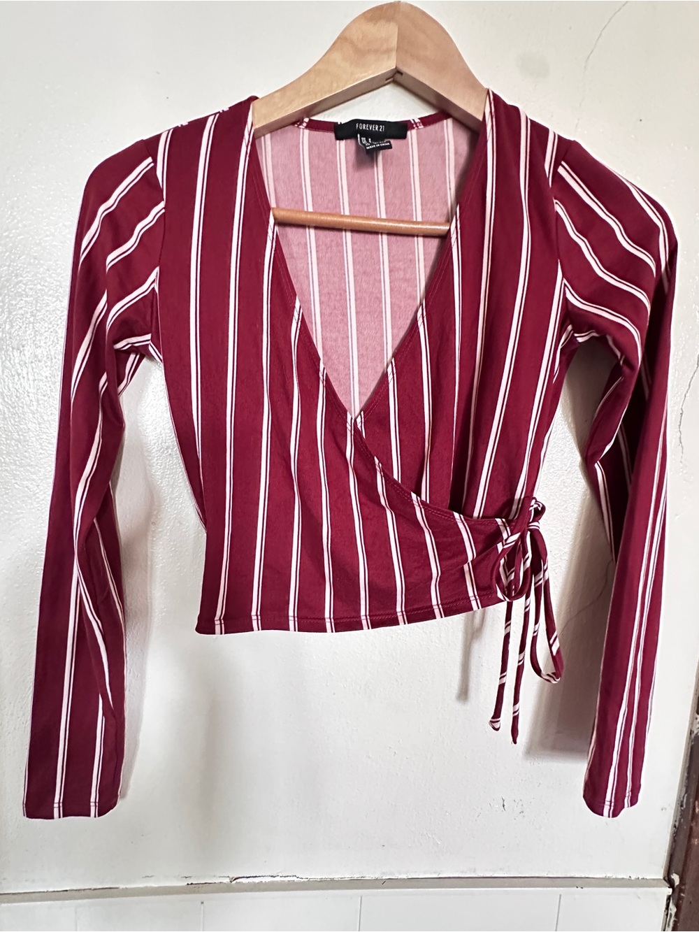 Forever 21 Burgundy and White Striped Wrap Crop Top Size Woman’s Small